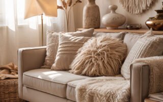 Canapé beige avec coussins texturés, plaid en fausse fourrure et macramé mural