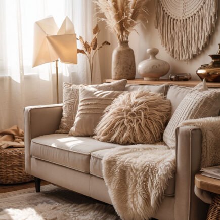 Canapé beige avec coussins texturés, plaid en fausse fourrure et macramé mural