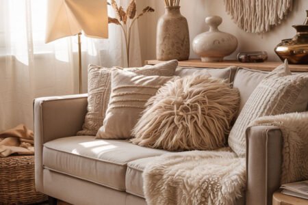 Canapé beige avec coussins texturés, plaid en fausse fourrure et macramé mural