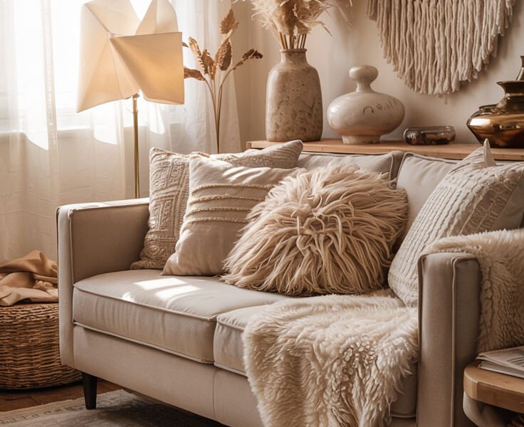 Canapé beige avec coussins texturés, plaid en fausse fourrure et macramé mural