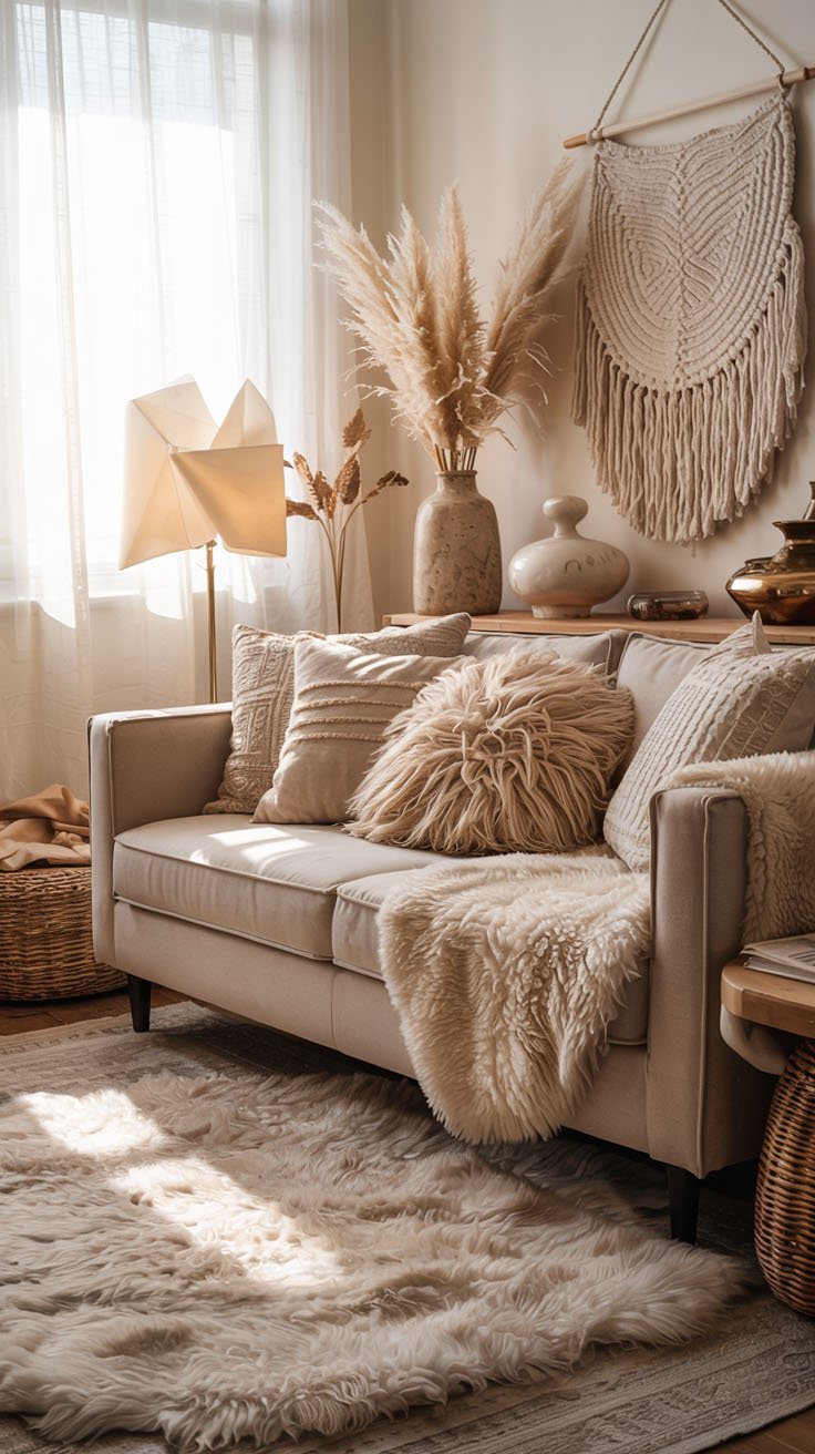 Canapé beige avec coussins texturés, plaid en fausse fourrure et macramé mural