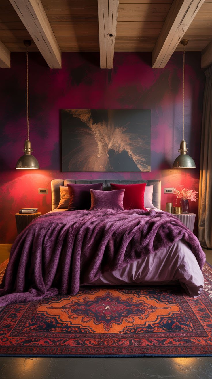 Chambre audacieuse avec murs prune et plaid en fausse fourrure violette