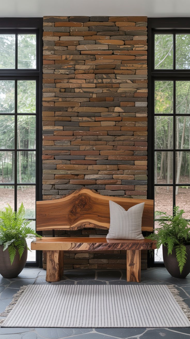 Banc en bois brut live edge devant un mur en pierres naturelles
