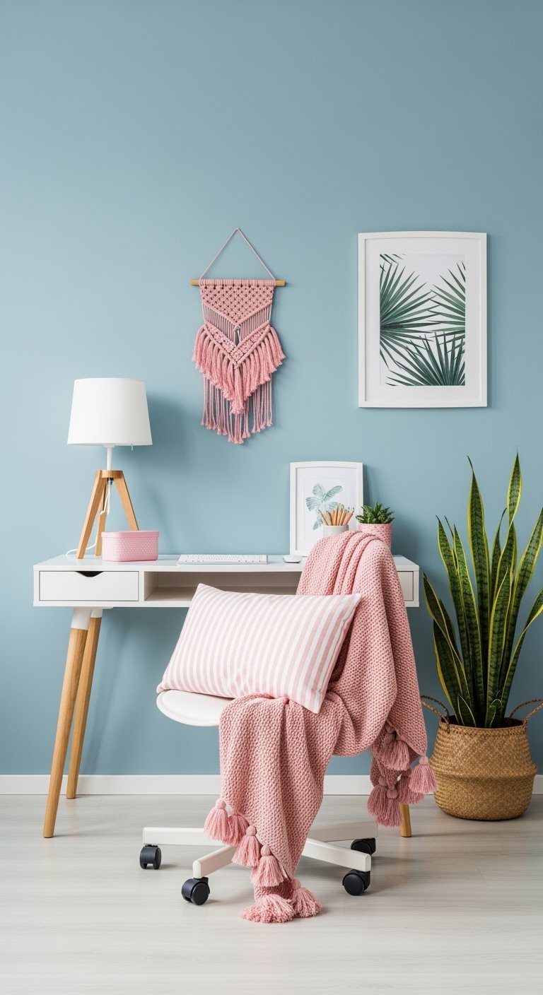 Bureau blanc de style scandinave devant un mur bleu pastel avec décoration rose