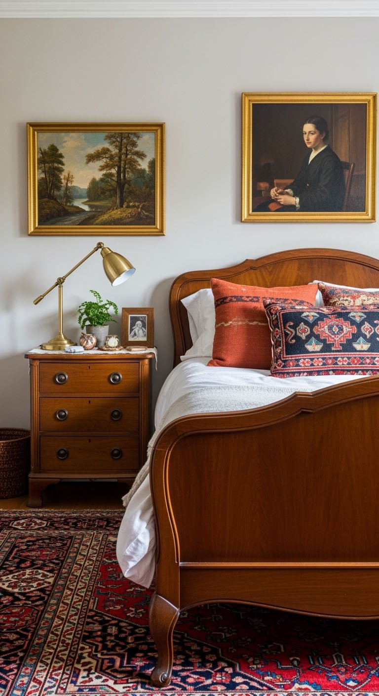 Chambre éclectique avec lit en bois ancien et tapis persan