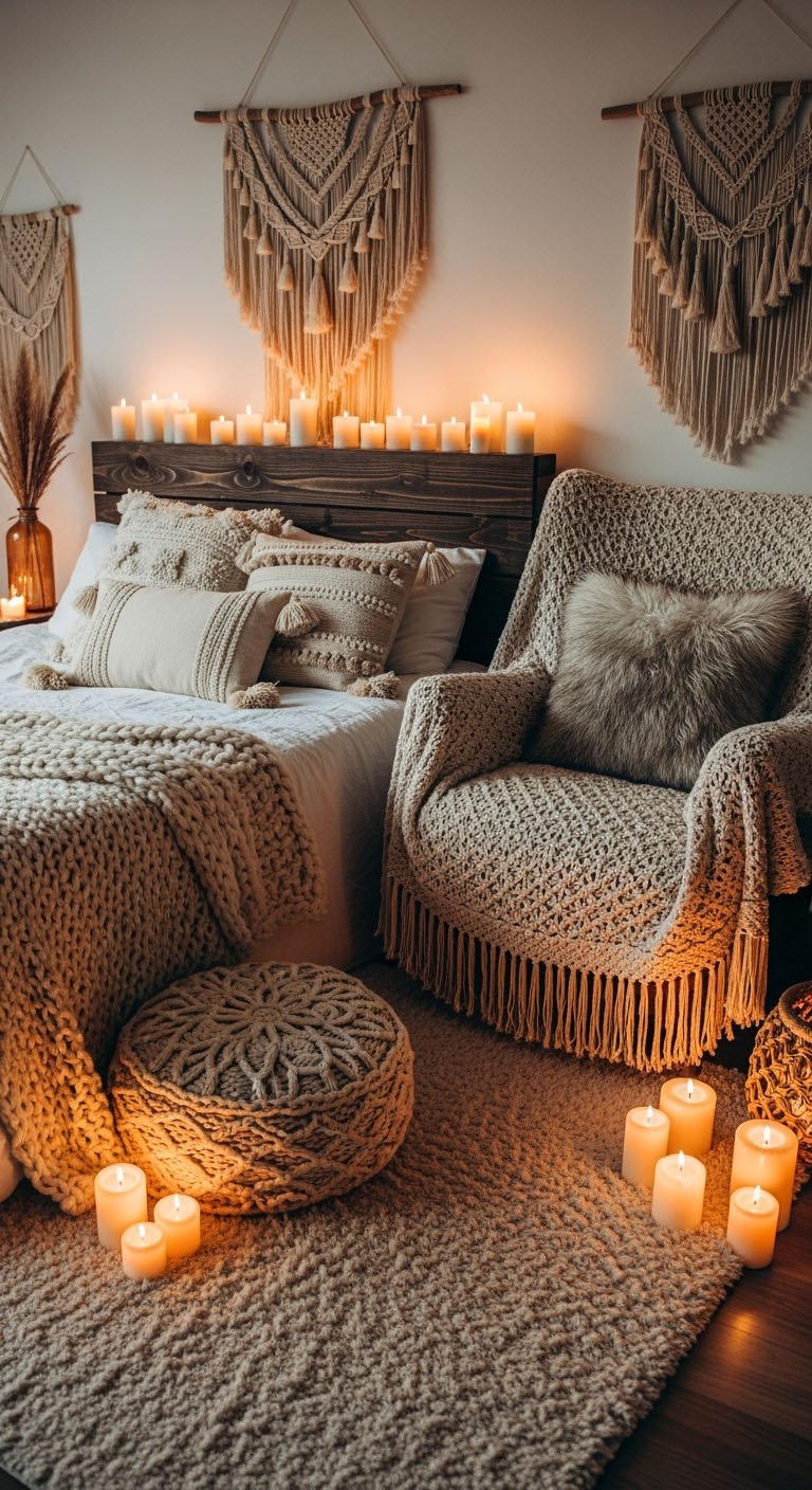Coin hygge avec fauteuil en crochet et bougies au sol