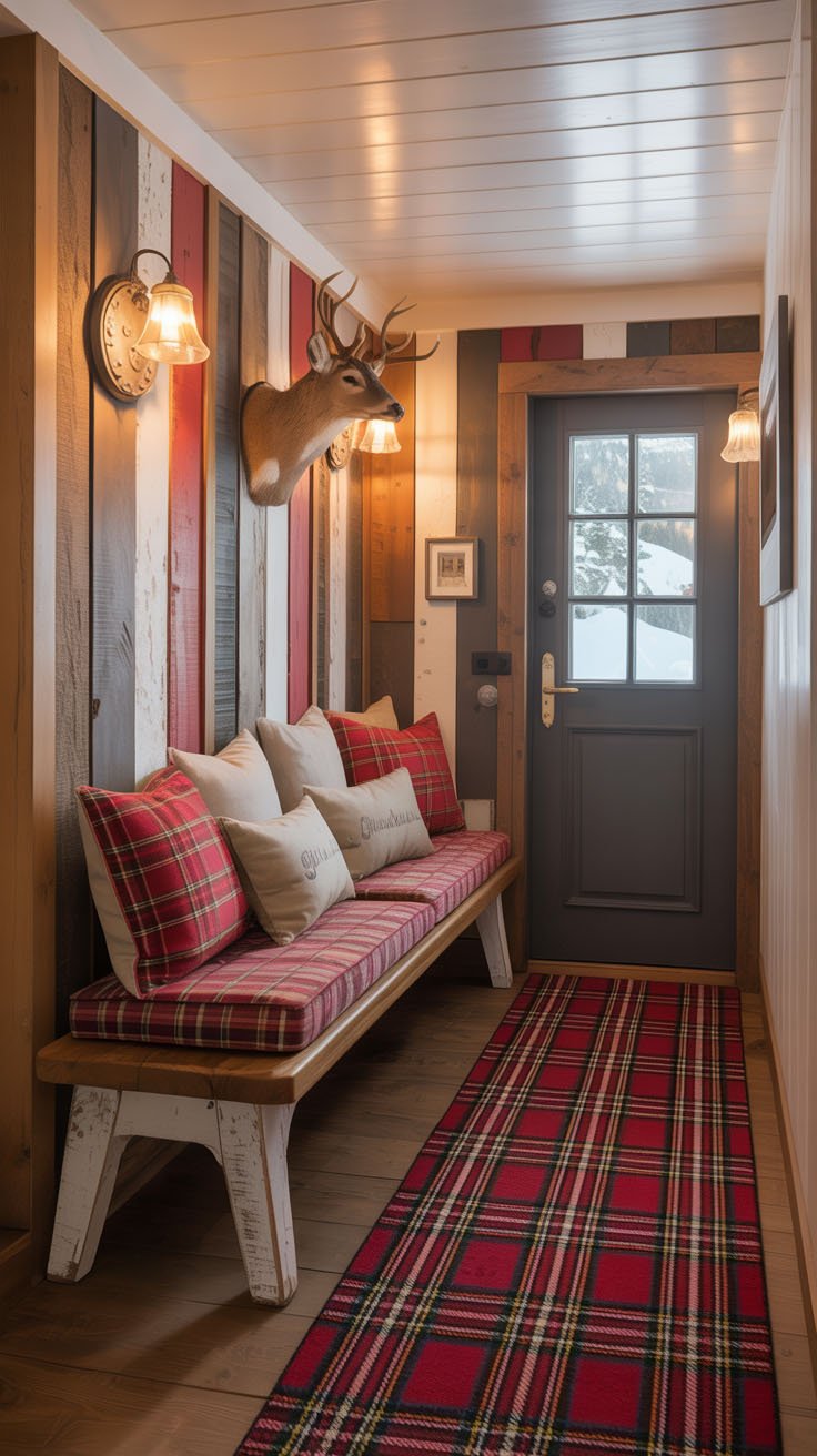 Entrée de chalet avec banc et coussins à carreaux écossais
