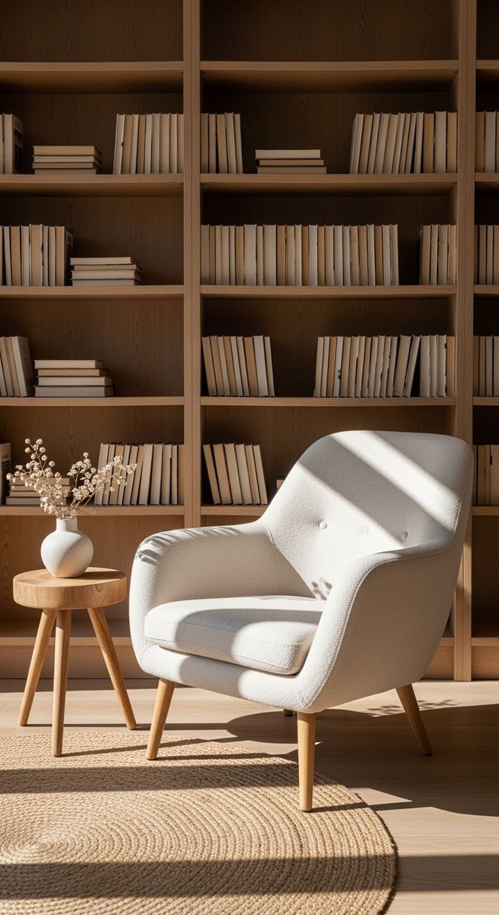 Fauteuil blanc moderne dans un coin lecture minimaliste et ensoleillé