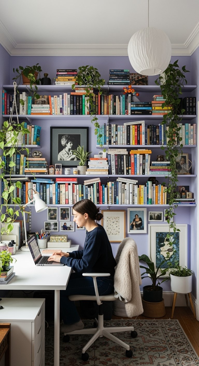 Femme travaillant devant un mur lavande avec des étagères de livres colorées