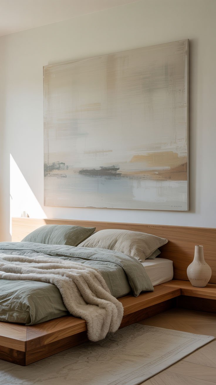 Lit plateforme en bois avec grand tableau abstrait au mur