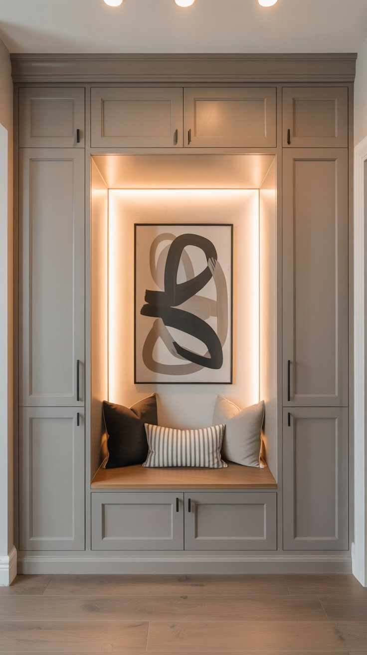 Placards gris avec niche éclairée et oeuvre dart