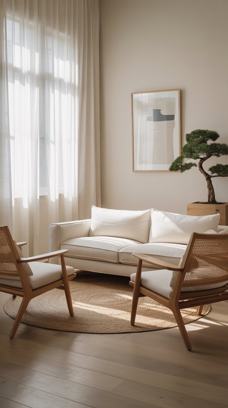 Salon de style Japandi avec canapé blanc et fauteuils en cannage