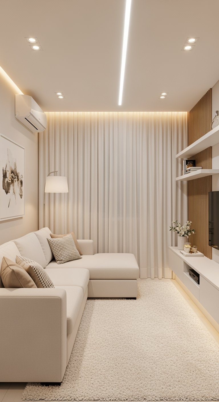 Salon minimaliste blanc avec canapé dangle et éclairage indirect
