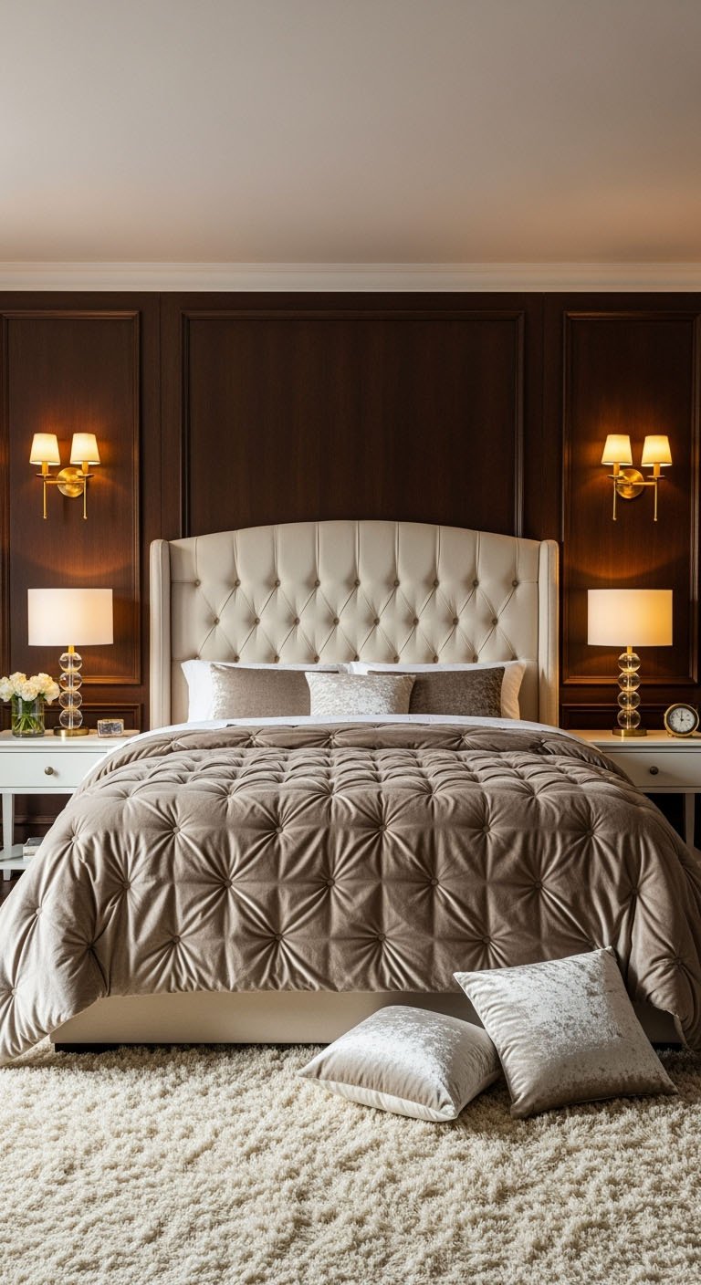 Chambre luxueuse avec un mur d'accent en boiserie et un lit capitonné beige