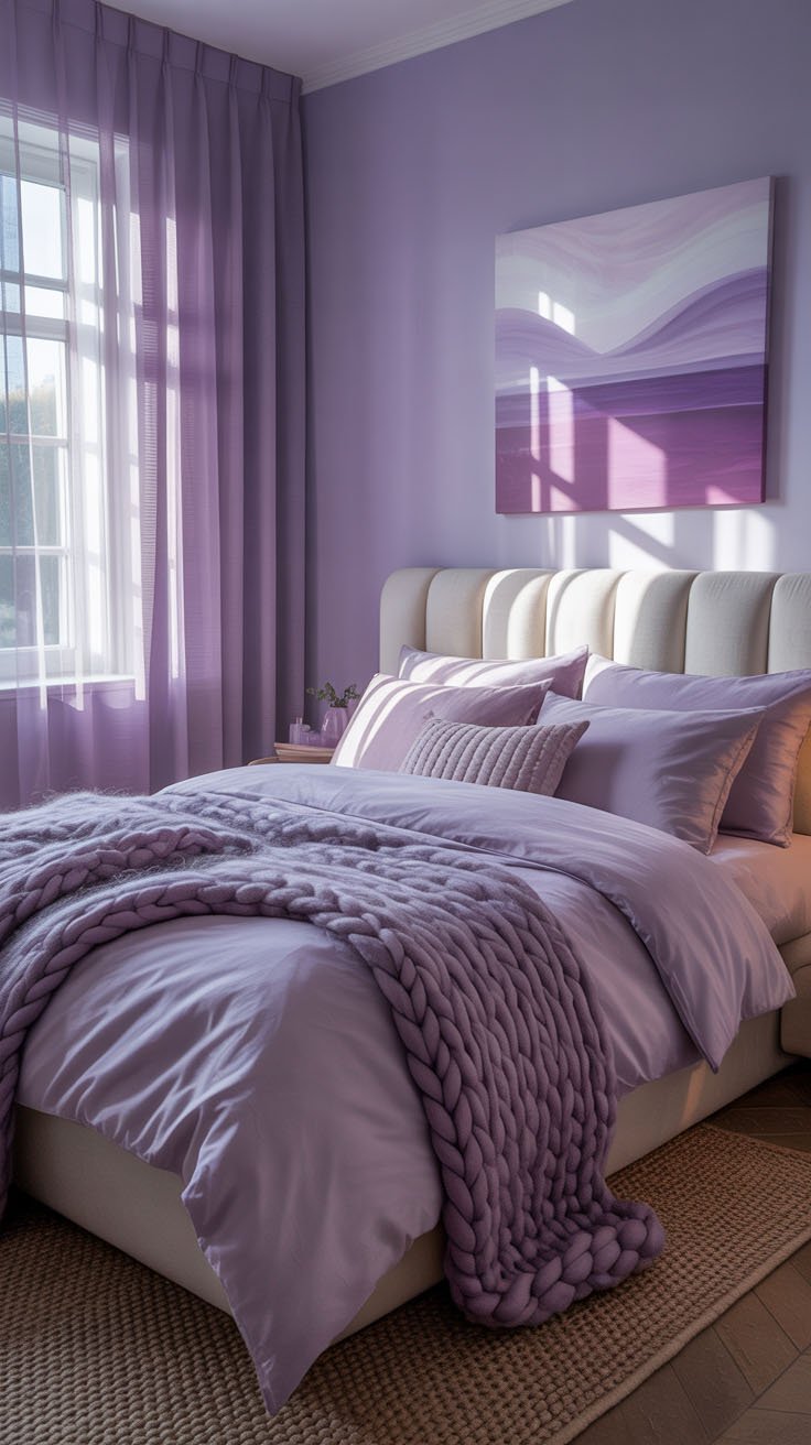 Chambre monochrome lavande avec plaid en grosse maille assorti