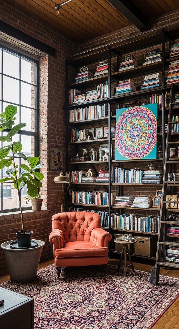 Bibliothèque de style loft industriel avec mur de briques et échelle