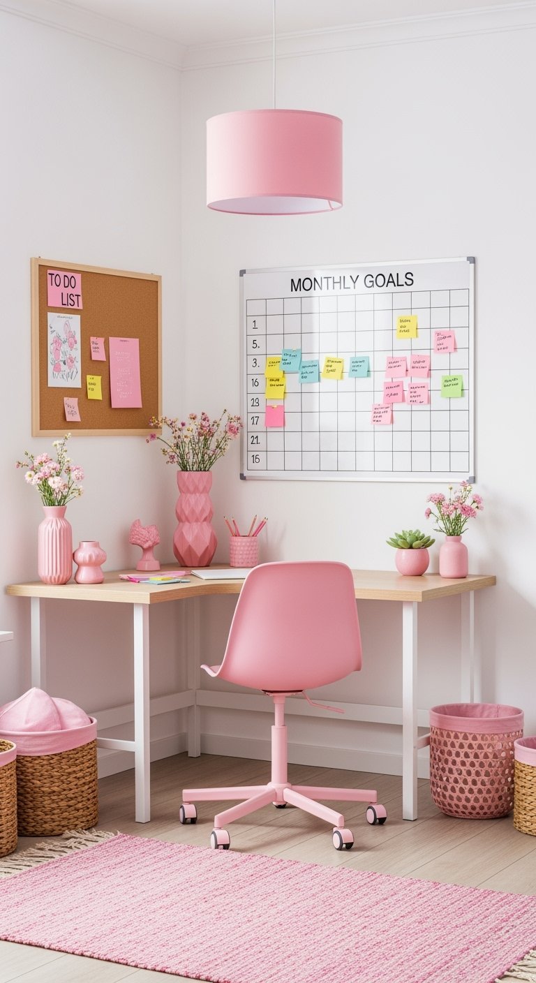 Bureau d'angle avec chaise rose et tableaux d'organisation muraux