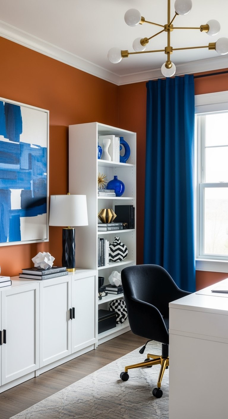 Bureau moderne avec mur terracotta, rideaux bleus et chaise noire