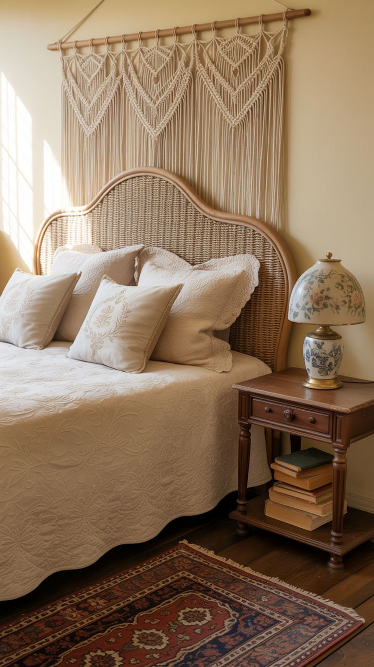 Chambre style loft avec tete de lit en rotin et lampe vintage