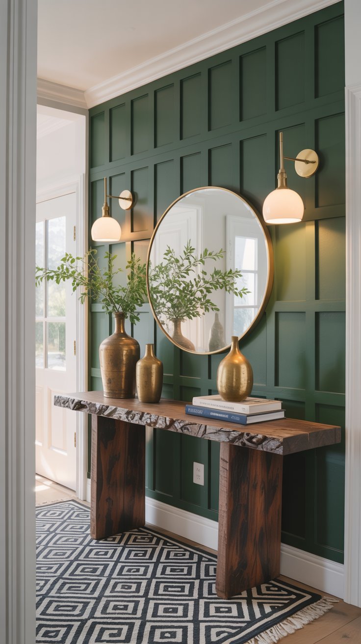 Console en bois brut devant un mur décoratif vert foncé