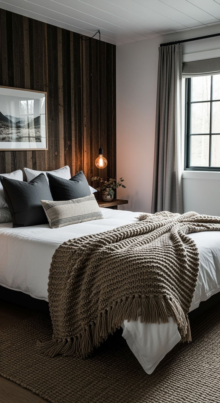 Mur d'accent en bois foncé dans une chambre rustique moderne