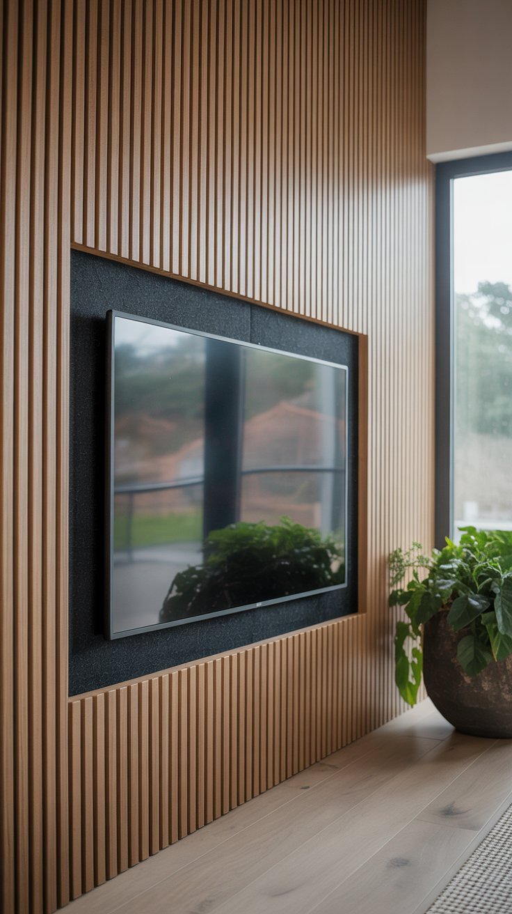 Mur de salon avec tasseaux de bois et télévision encastrée dans une niche noire