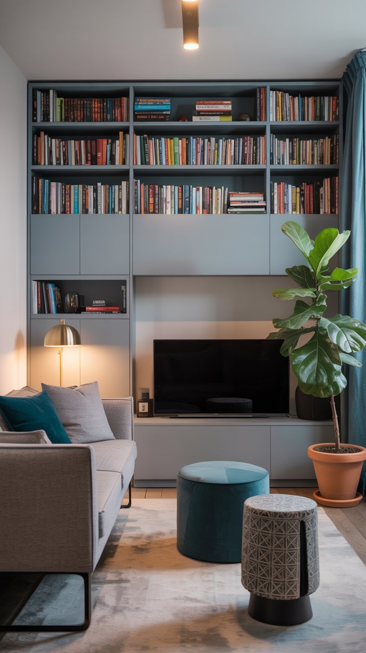 Petit salon avec canapé gris et bibliothèque murale intégrée avec TV