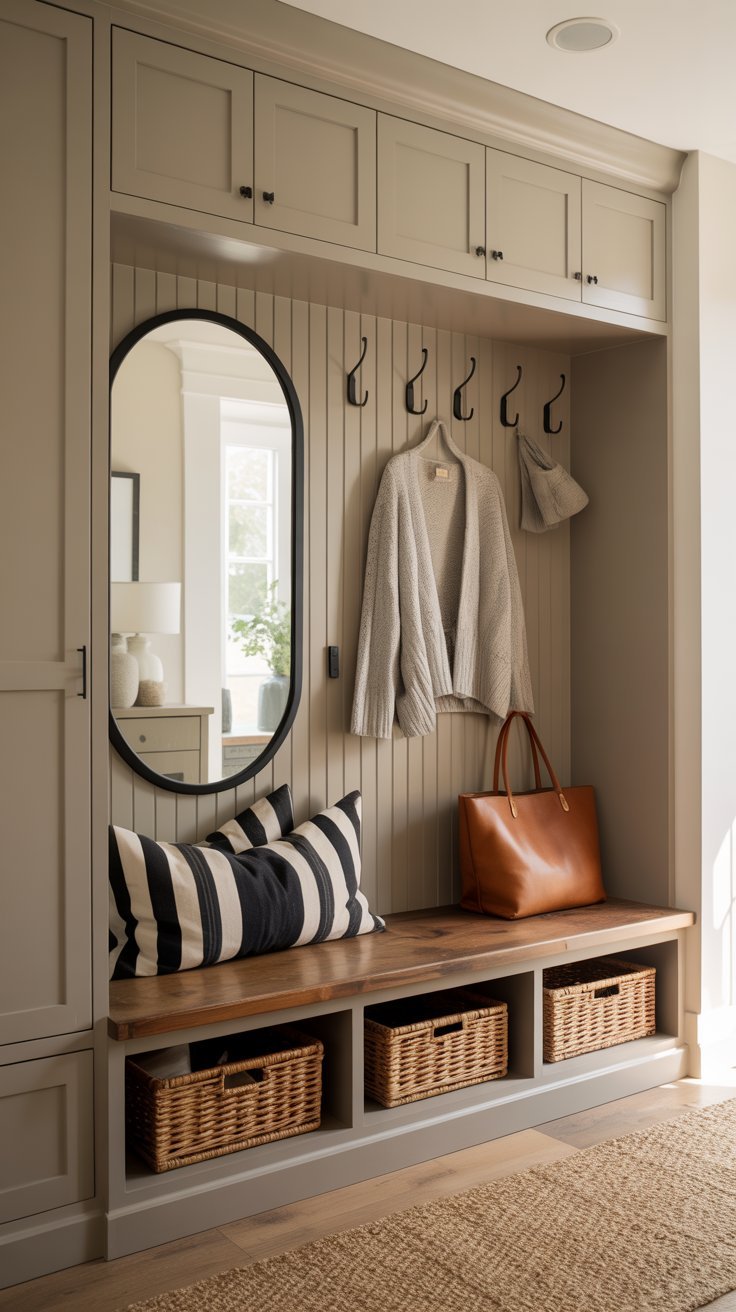 Vestibule farmhouse avec banc en bois et paniers tressés