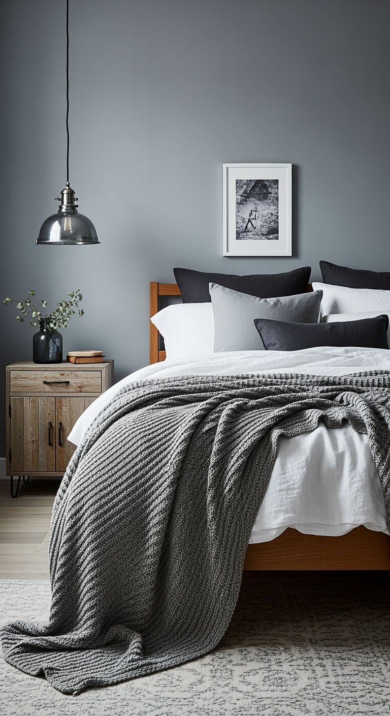 Chambre dans les tons de gris avec un plaid en tricot et une suspension industrielle