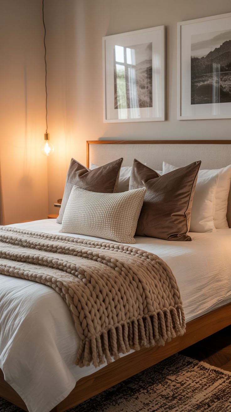 Chambre aux tons taupe avec coussins en velours et plaid en tricot