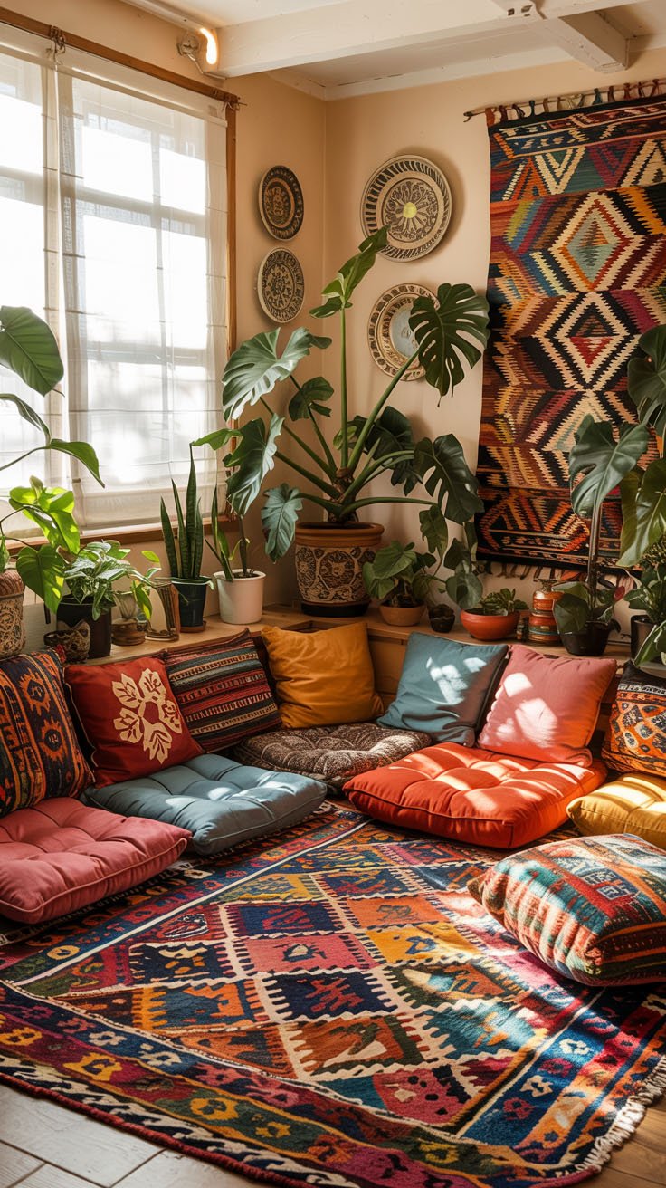 Coin salon bohème au sol avec des coussins colorés, des tapis et des plantes