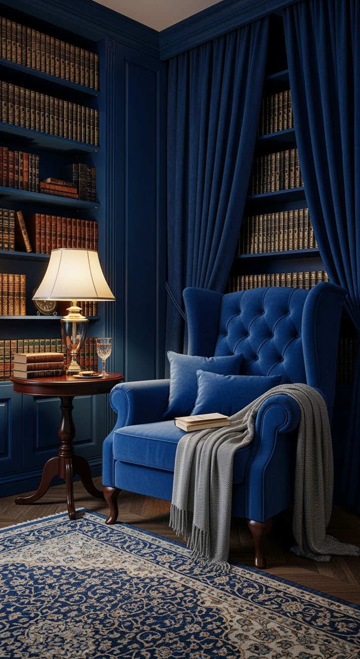 Alcôve de lecture luxueuse avec fauteuil et murs en velours bleu