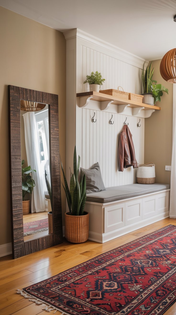 Banc dentree blanc avec rangement et grand miroir en bois