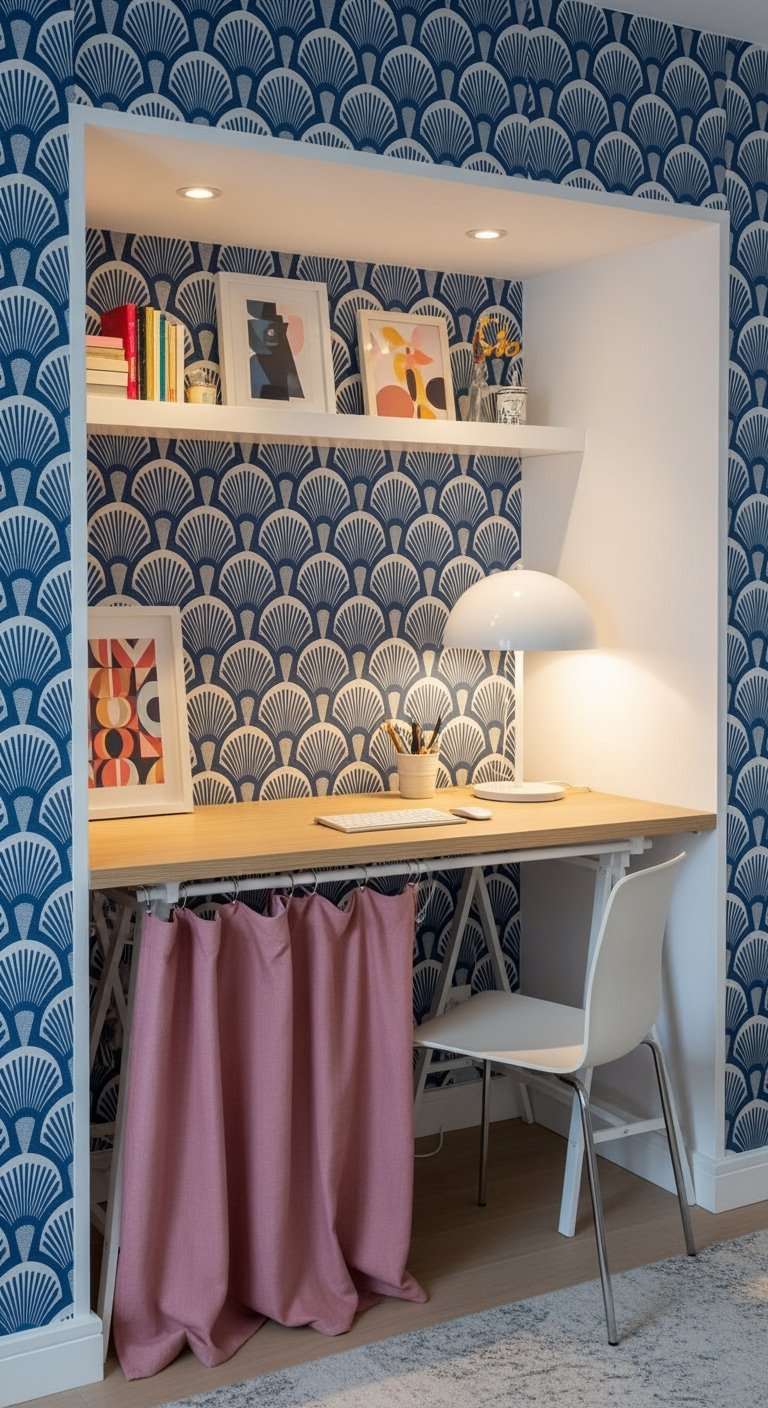 Bureau intégré dans une niche avec papier peint Art Déco bleu