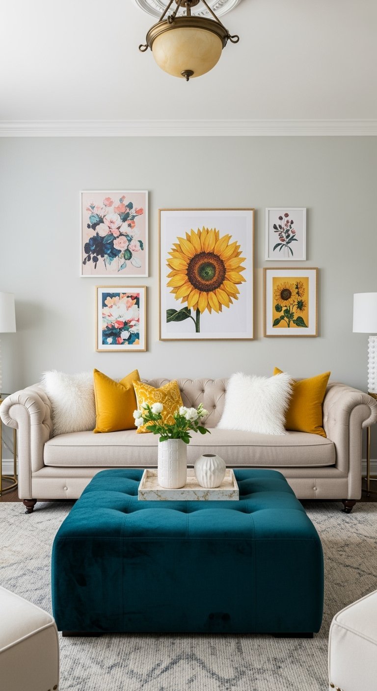 Canapé classique avec pouf en velours bleu et cadres de fleurs