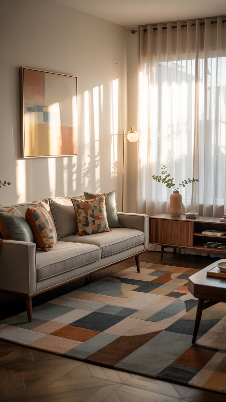 Canapé gris avec un tapis coloré à motifs géométriques