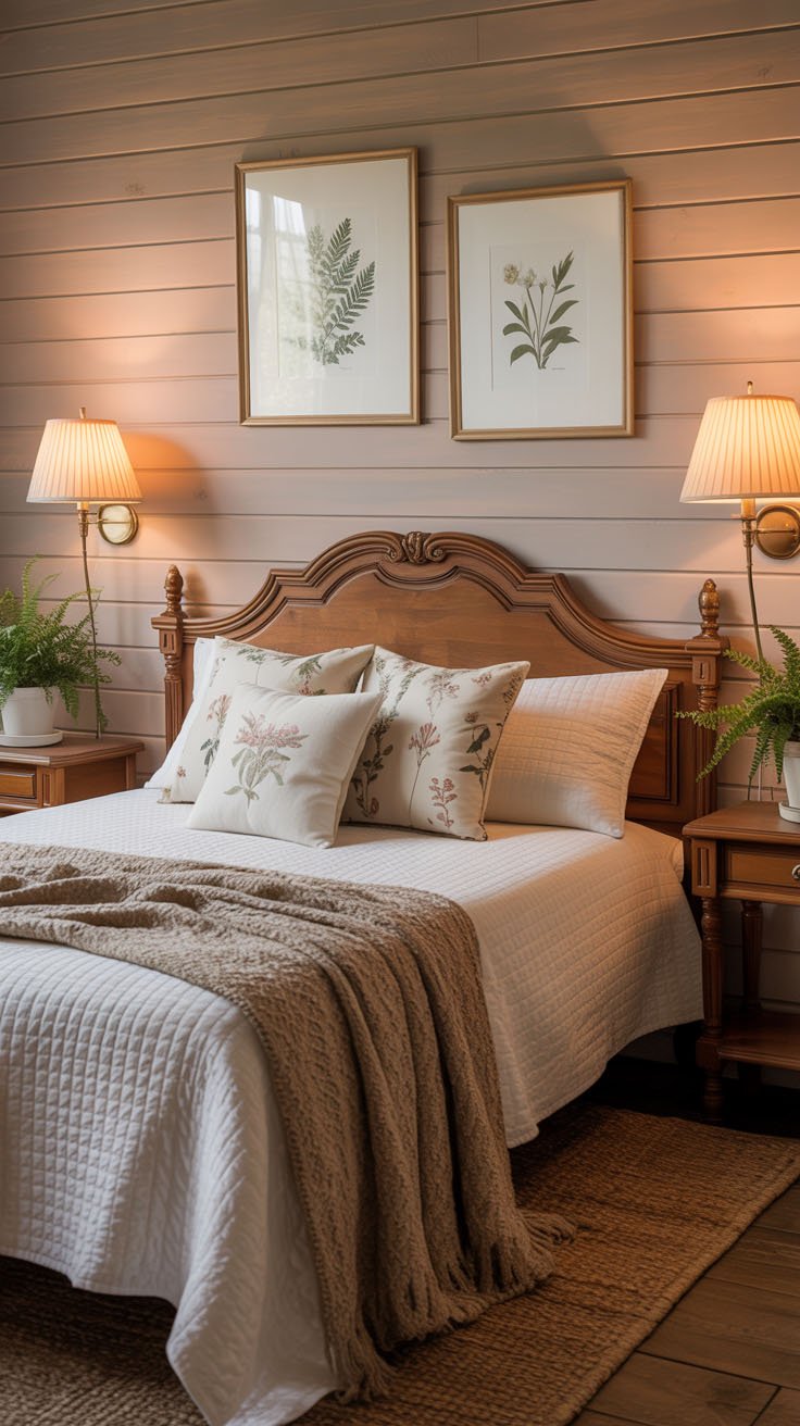 Chambre à coucher avec tête de lit en bois et coussins botaniques