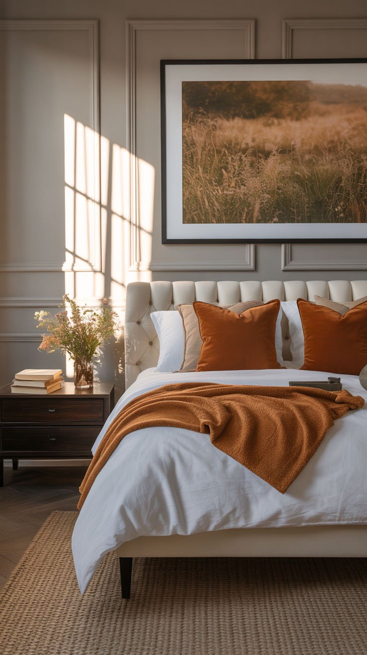 Chambre cosy avec coussins terracotta et tableau de nature