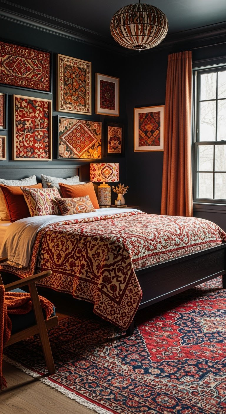Chambre sombre avec galerie de tapis encadrés au mur