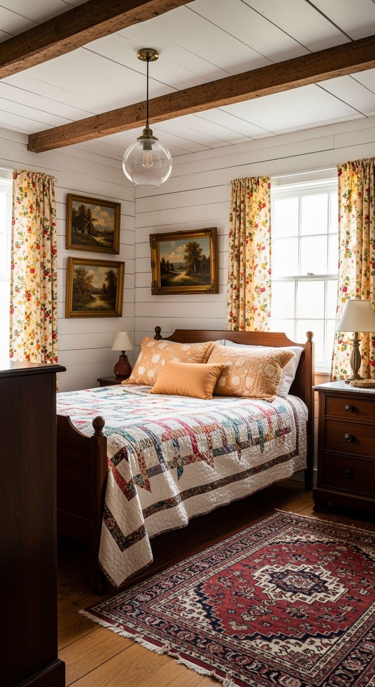 Couvre lit en patchwork colore sur un lit en bois rustique