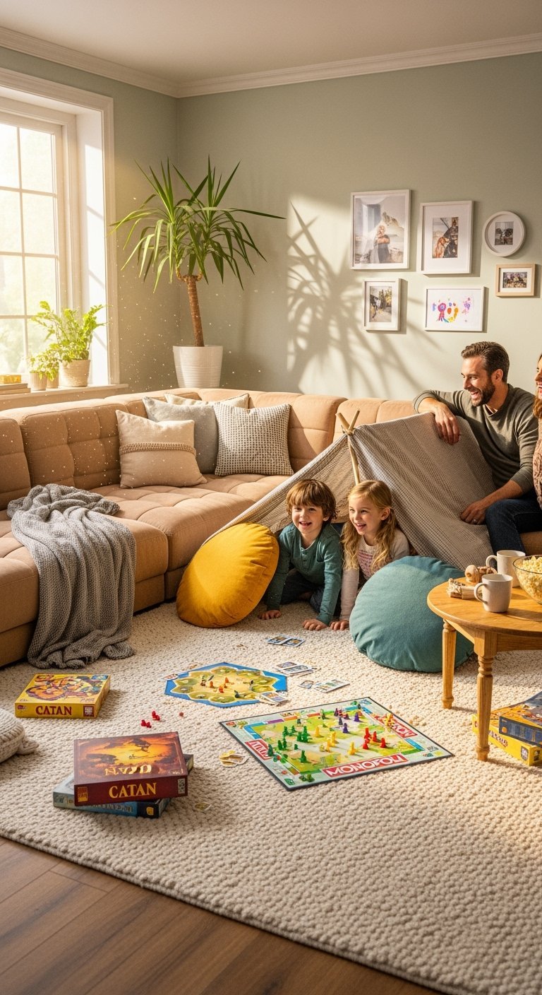 Famille jouant à des jeux de société dans un salon ensoleillé