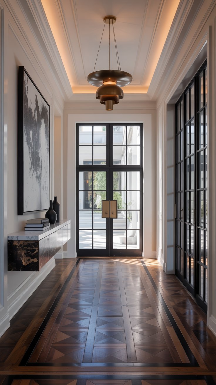 Long couloir entrée avec parquet à motifs et console flottante en marbre