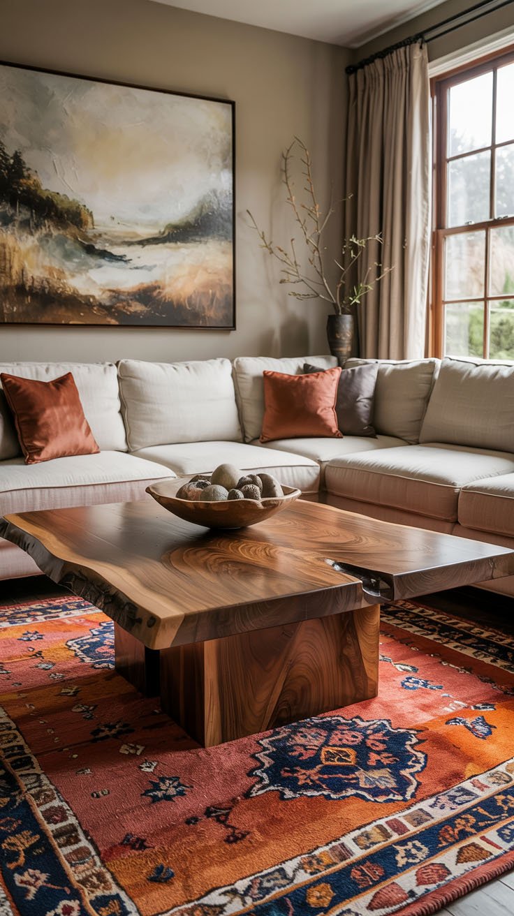 Canapé d'angle beige avec table basse en bois massif et tapis oriental