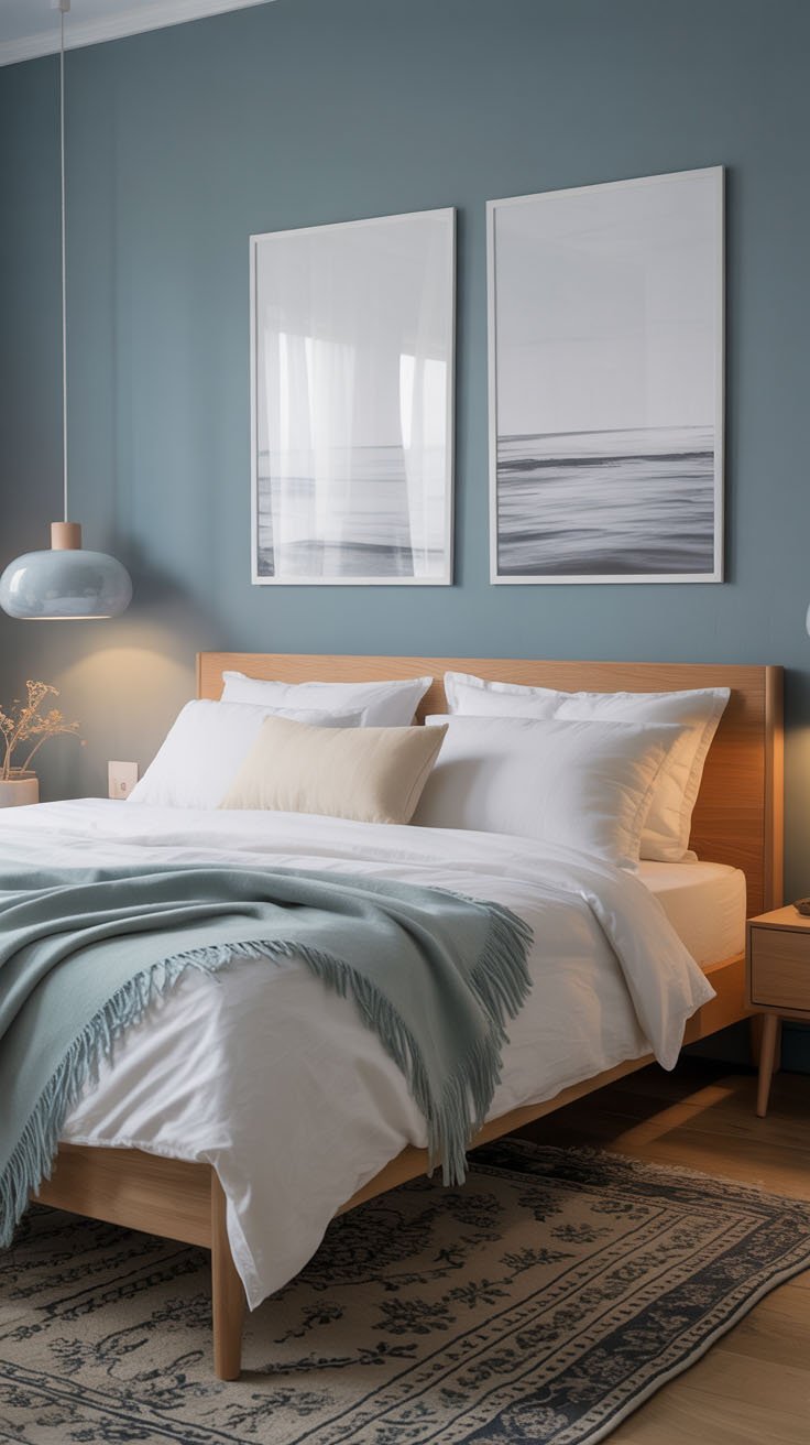 Chambre scandinave avec mur bleu gris et lit en bois clair