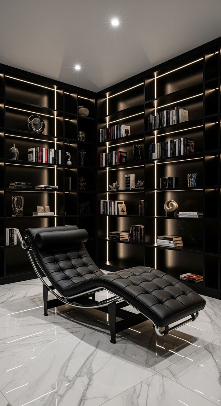 Bibliothèque ultra moderne noire avec chaise longue en cuir