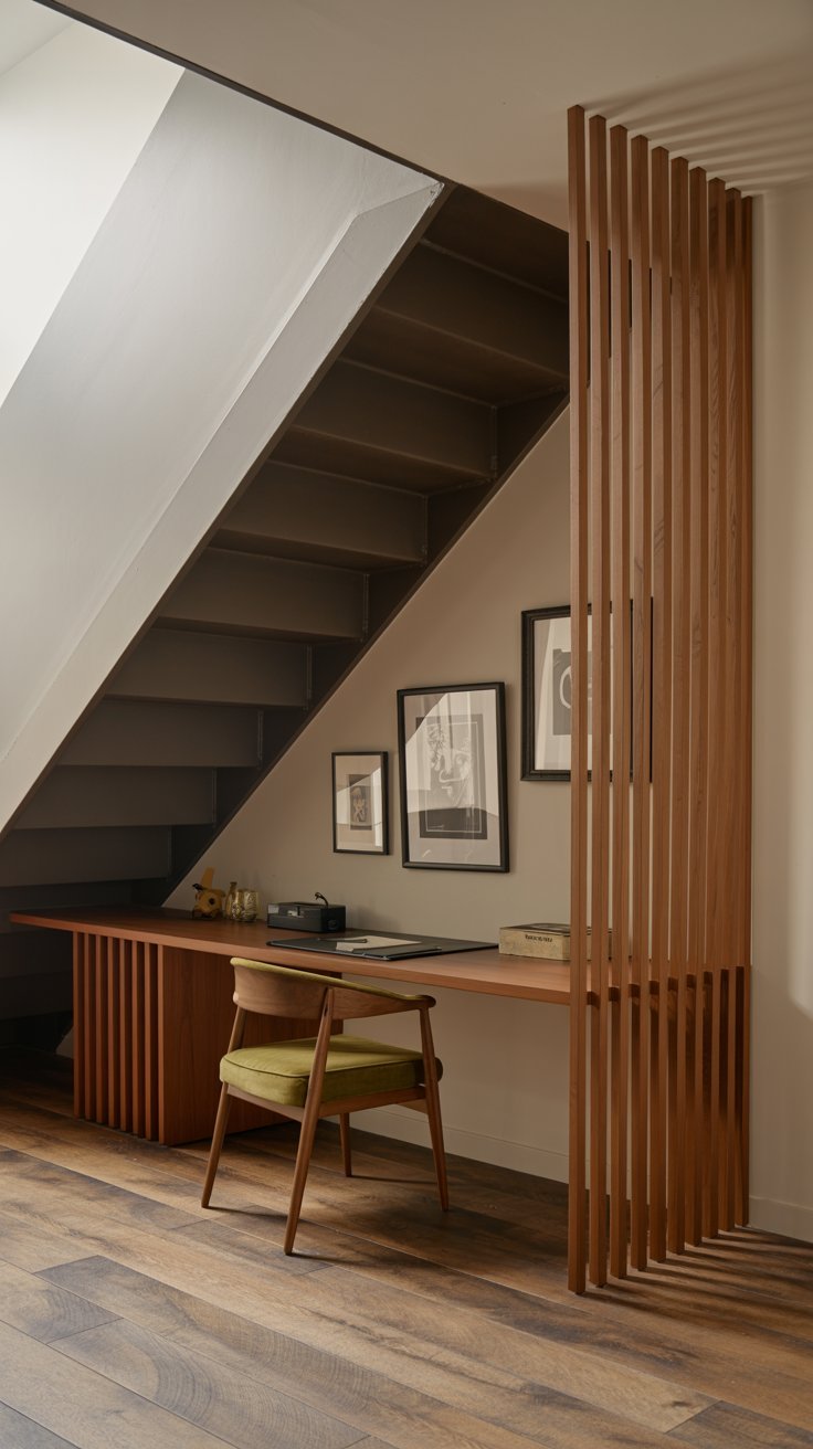 Bureau aménagé sous un escalier avec un claustra en tasseaux de bois
