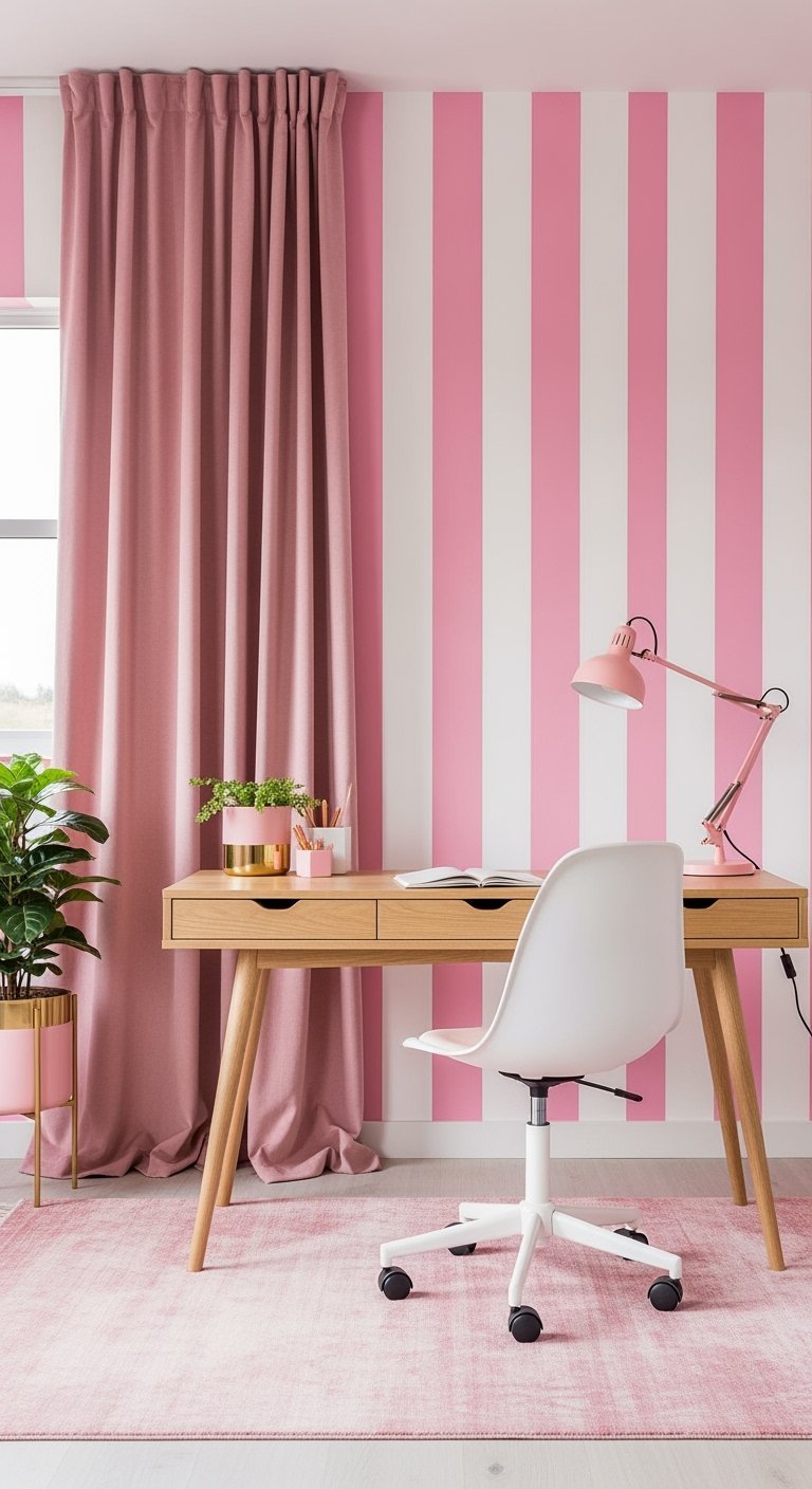 Bureau en bois clair devant un mur à rayures verticales roses et blanches