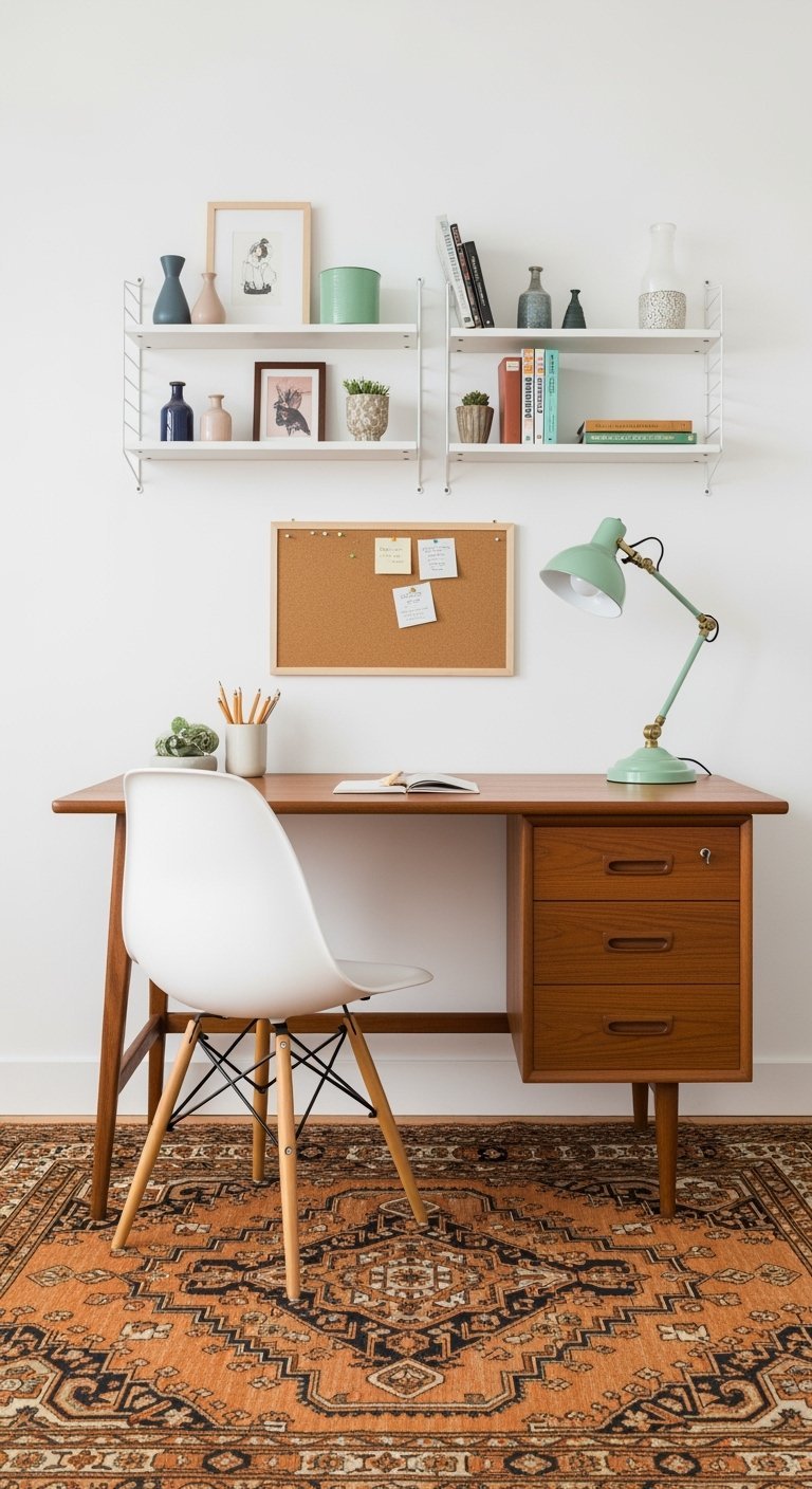 Bureau en bois vintage avec des étagères murales blanches et un tapis orange