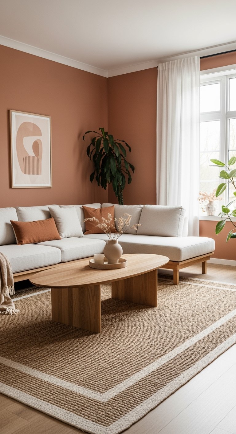 Canapé beige sur fond de mur couleur terracotta
