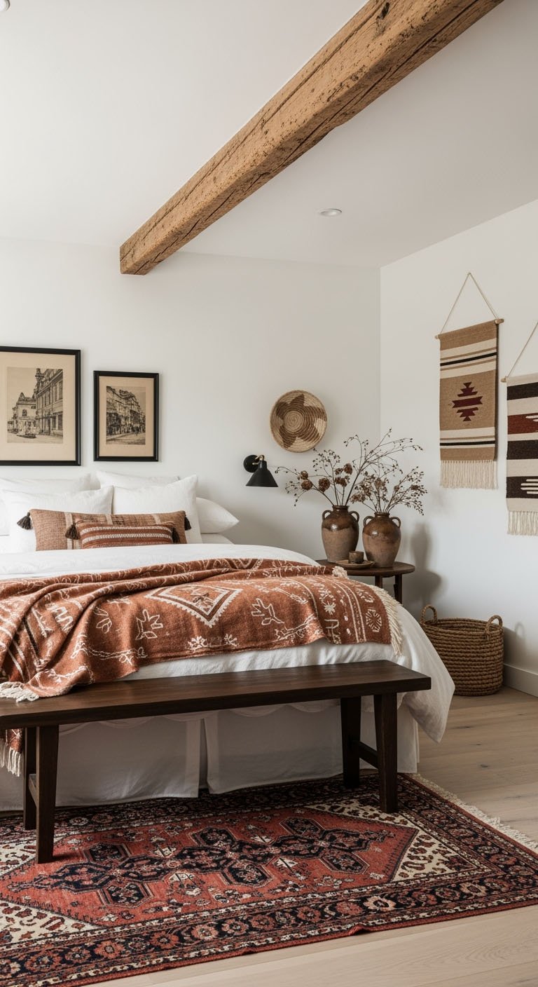 Chambre de voyageur avec tentures murales tribales et poutre apparente